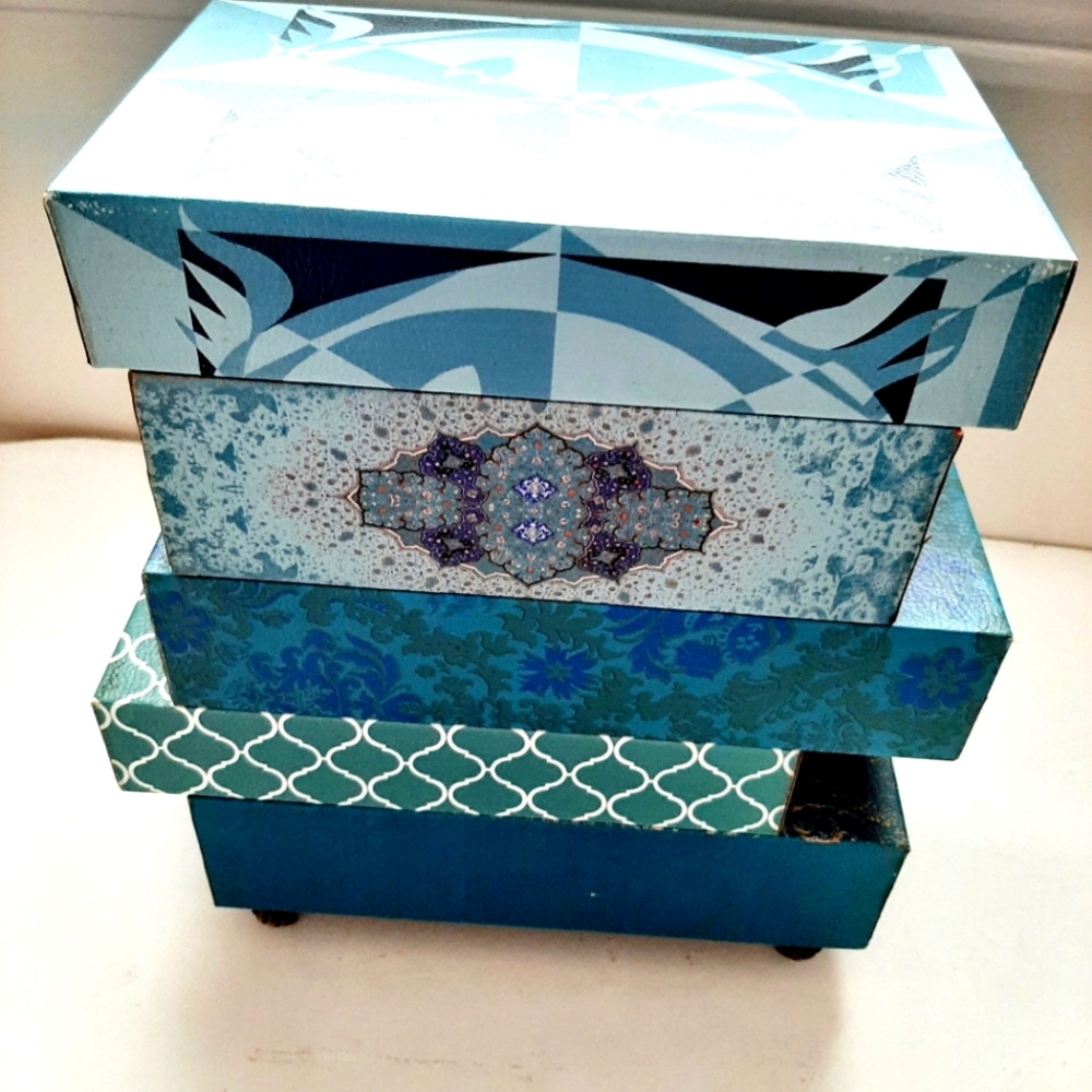Blue Patterned Jewelry Organizer Box Stack - Multi-Drawer - Picture 3 of 5